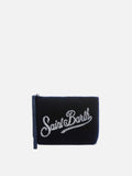 Pochette Aline in scuba effetto velluto blu con logo strass