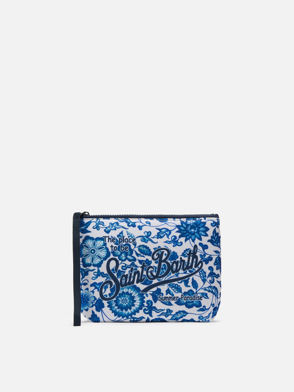 Pochette Aline in scuba con stampa maiolica fiorata blu