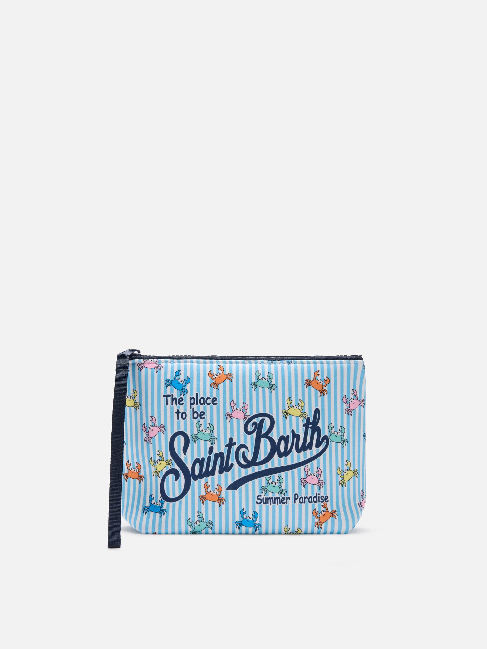 Pochette Aline in scuba a righe azzurre con stampa granchietti