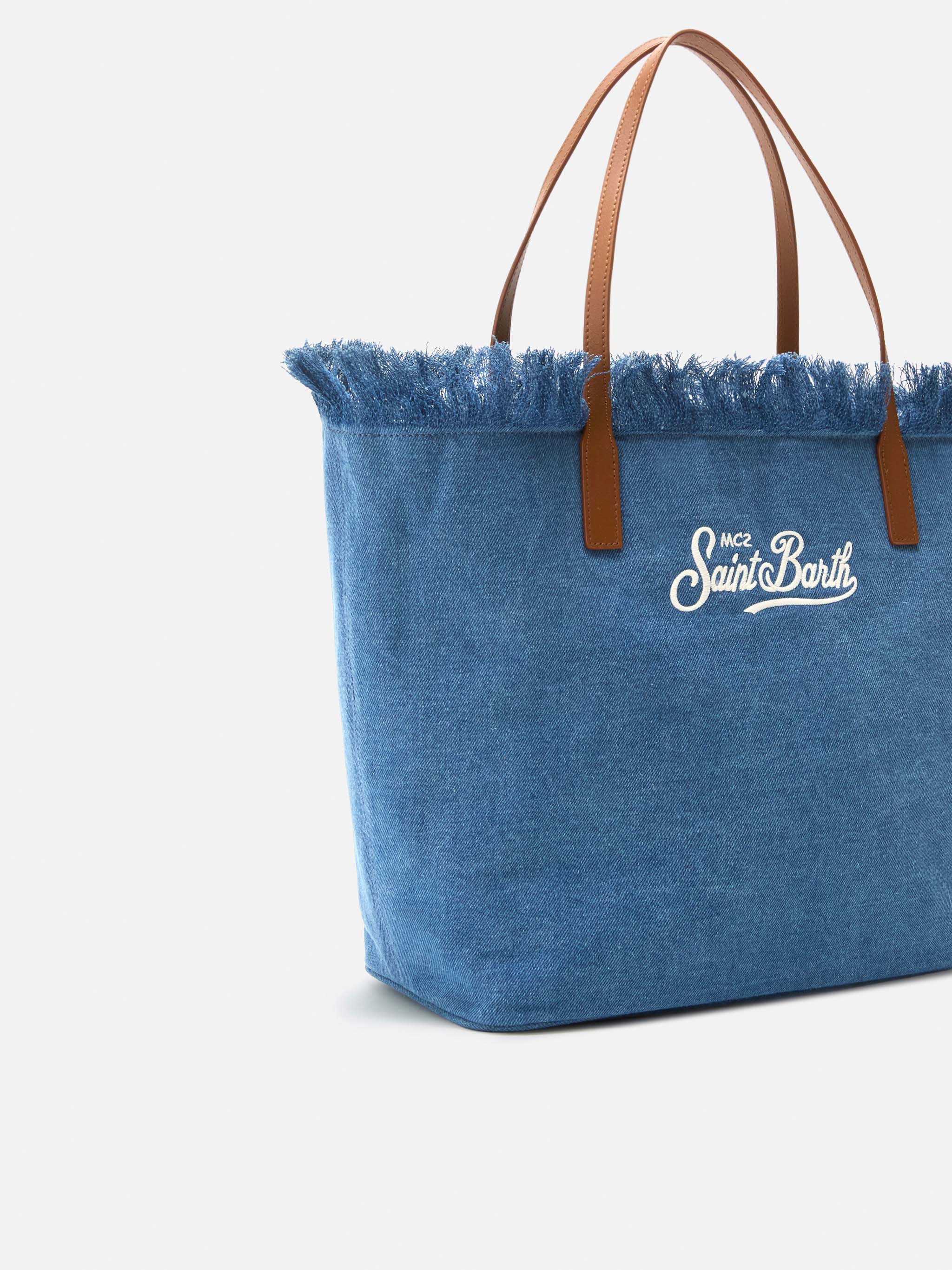 Borsa City regular in tessuto denim con frange