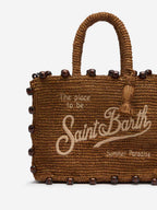 Borsa Colette in raffia con logo ricamato e perline applicate
