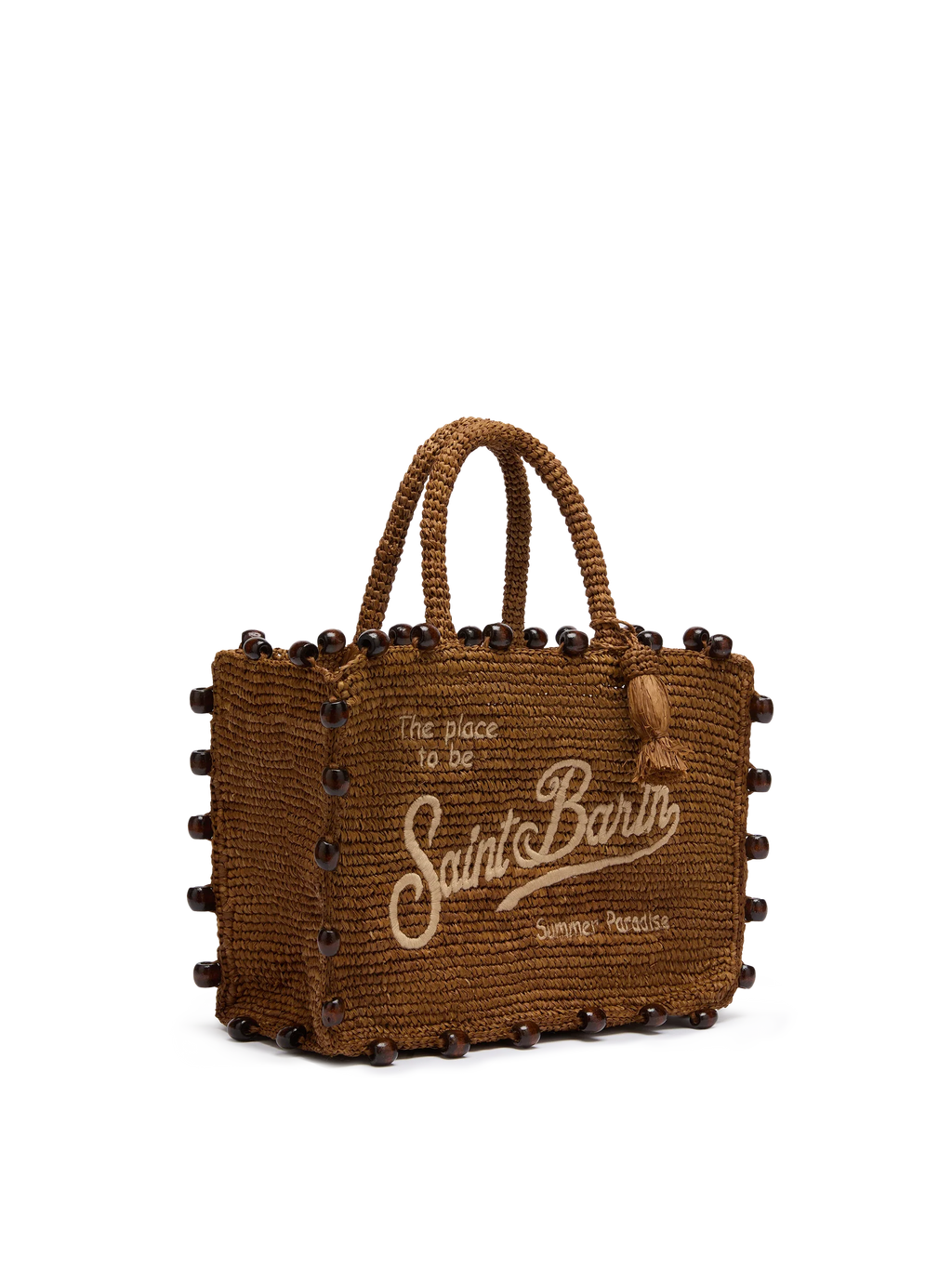 Borsa Colette in raffia con logo ricamato e perline applicate