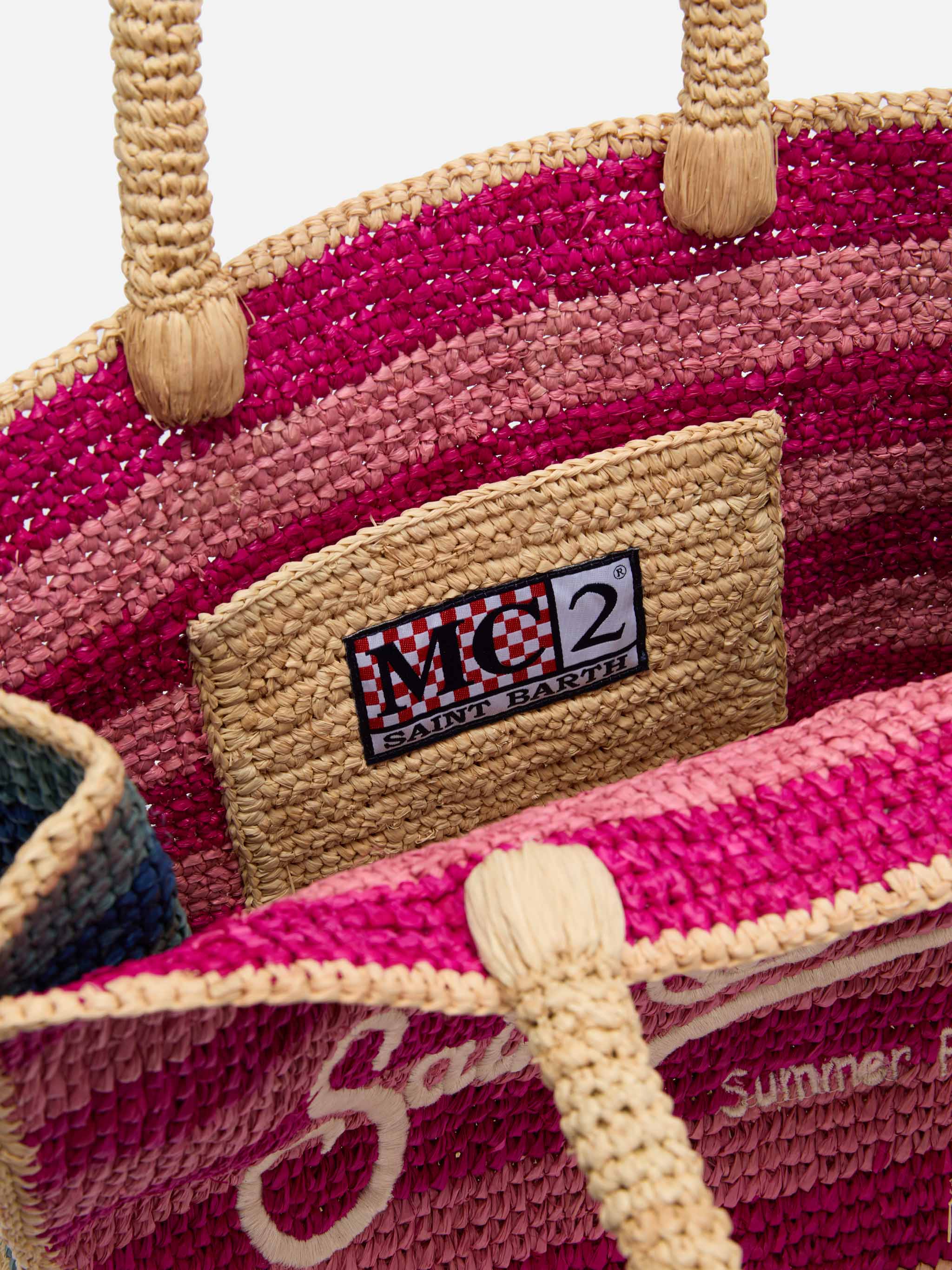 Borsa Colette in rafia a righe multicolore con logo ricamato