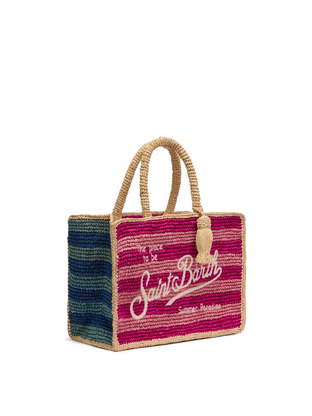 Borsa Colette in rafia a righe multicolore con logo ricamato