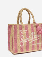 Borsa Colette in rafia a righe rosa con logo ricamato