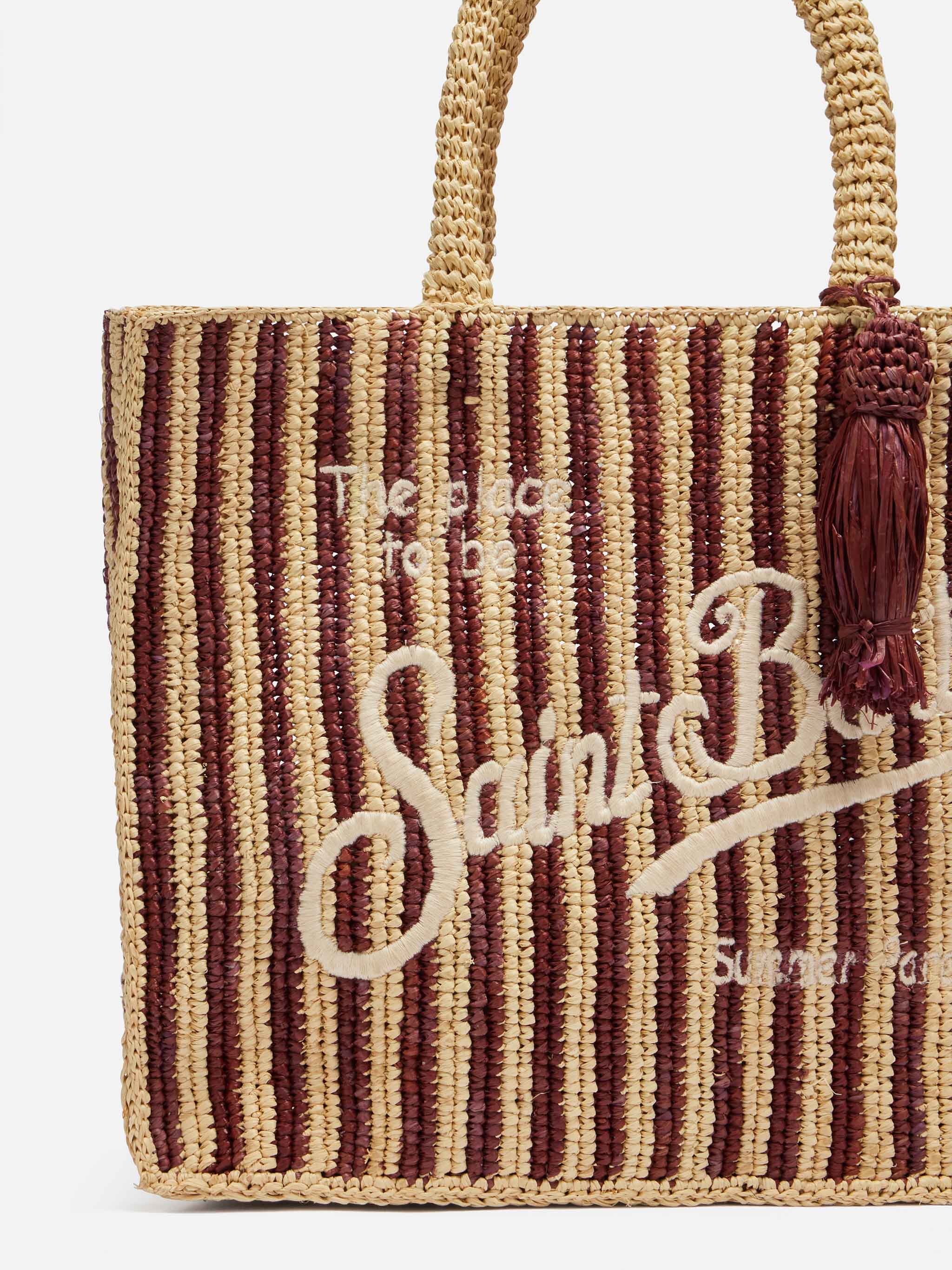 Borsa Colette in rafia a righe marroni con logo ricamato