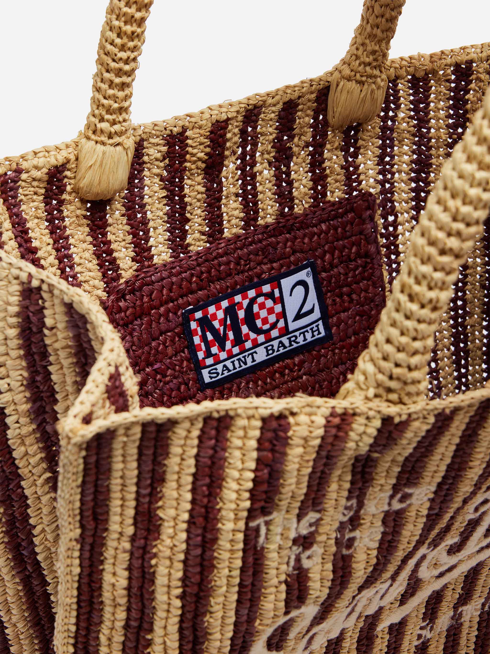 Borsa Colette in rafia a righe marroni con logo ricamato