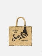 Borsa Colette in raffia beige con logo ricamato nero e nappetta
