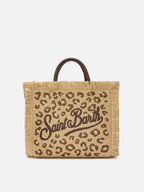 Borsa Colette in tessuto effetto paglia con ricamo leopardato