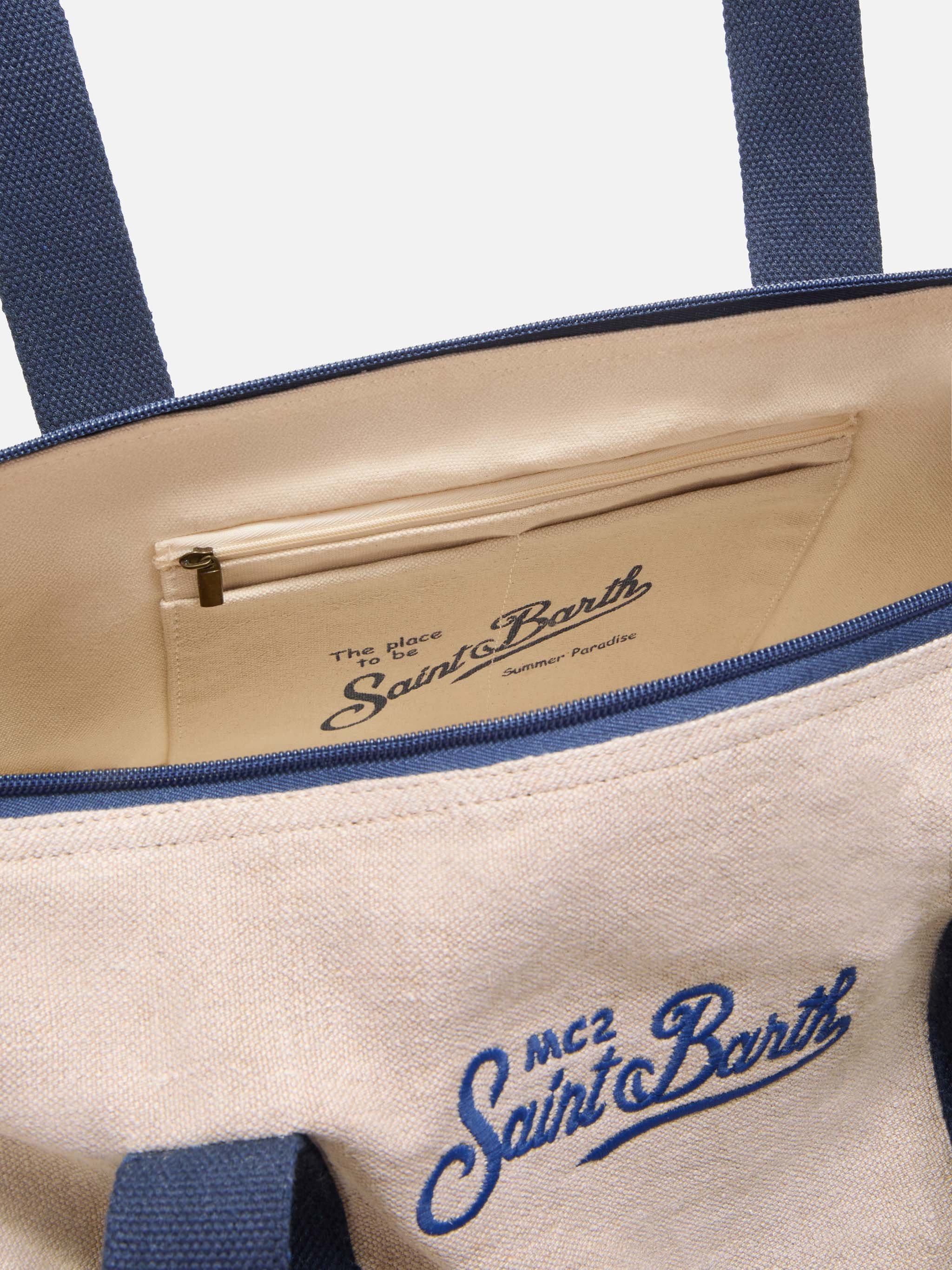Borsone Round Jetleg in lino beige con logo ricamato a contrasto