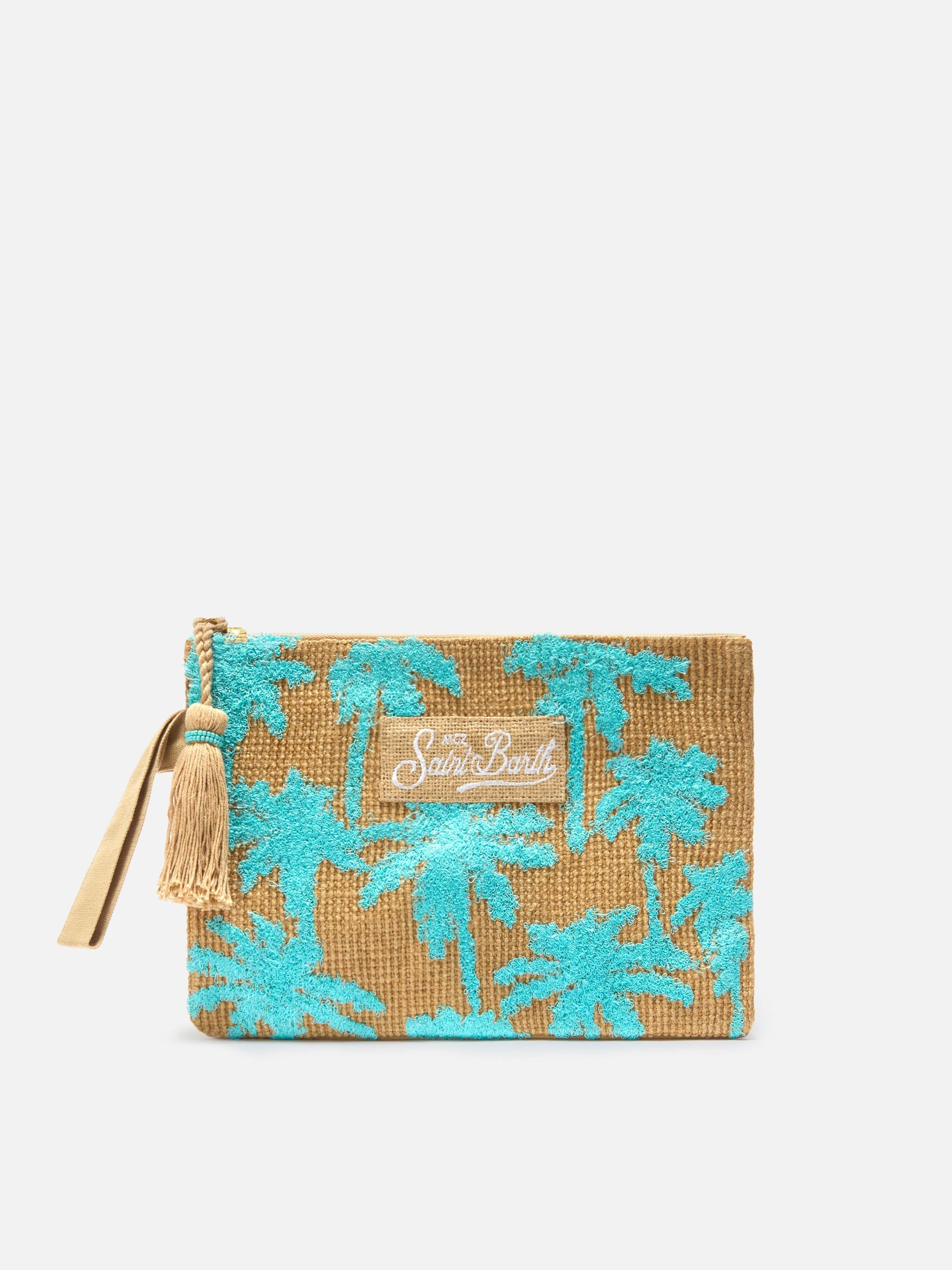 Pochette in juta con fantasia palme ricamate