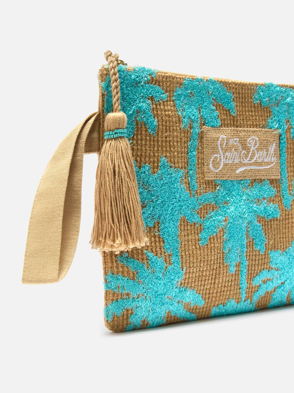 Pochette in juta con fantasia palme ricamate