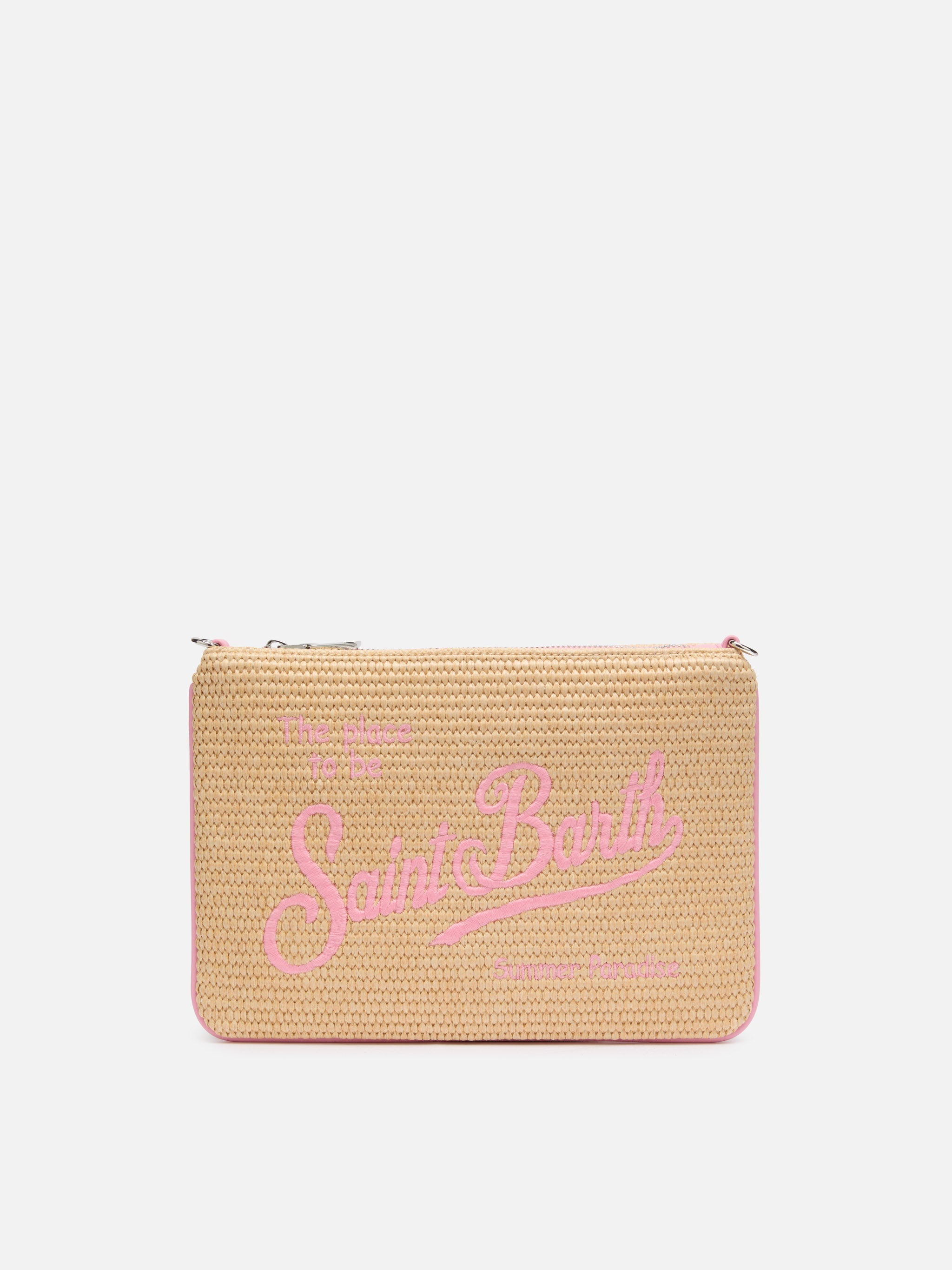 Pochette Parisienne effetto paglia con dettagli rosa