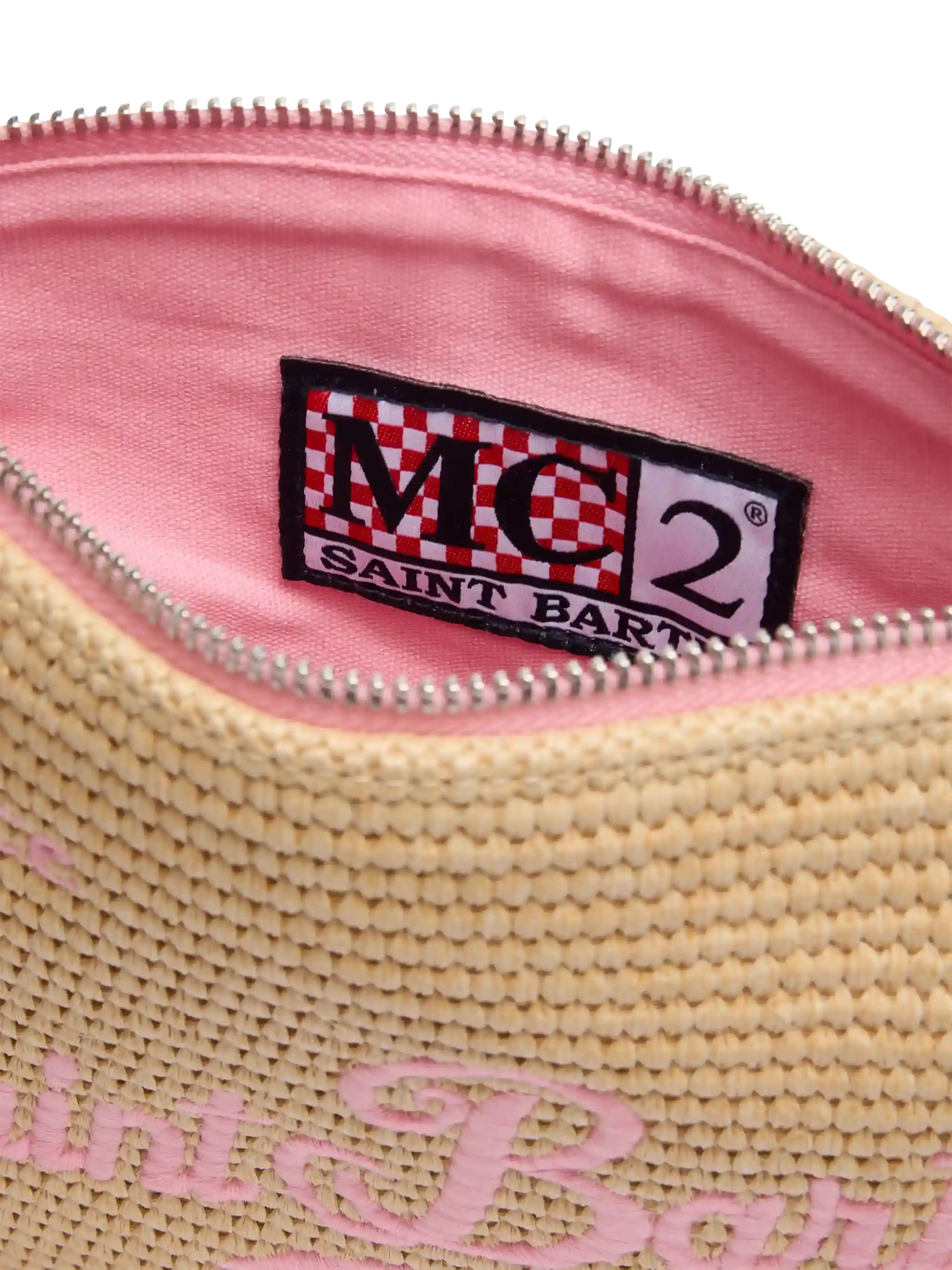 Pochette Parisienne effetto paglia con dettagli rosa