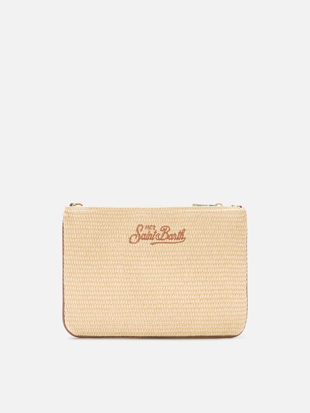 Parisienne pouch effetto paglia con logo ricamato marrone e tracolla removibile