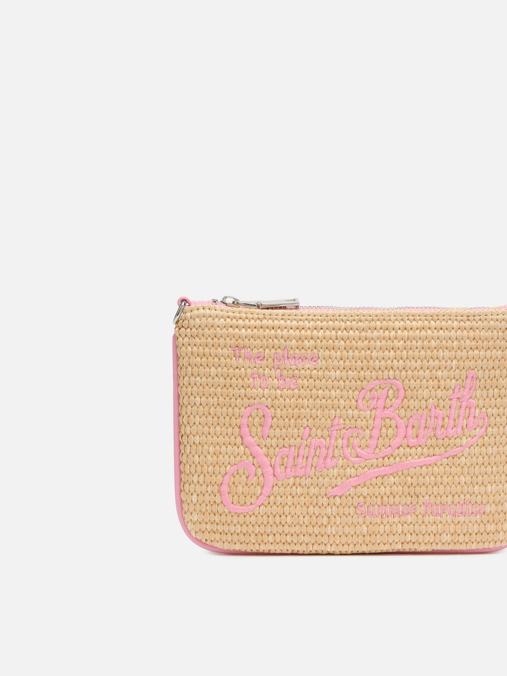 Pouch Mini Parisienne effetto paglia con logo ricamato rosa