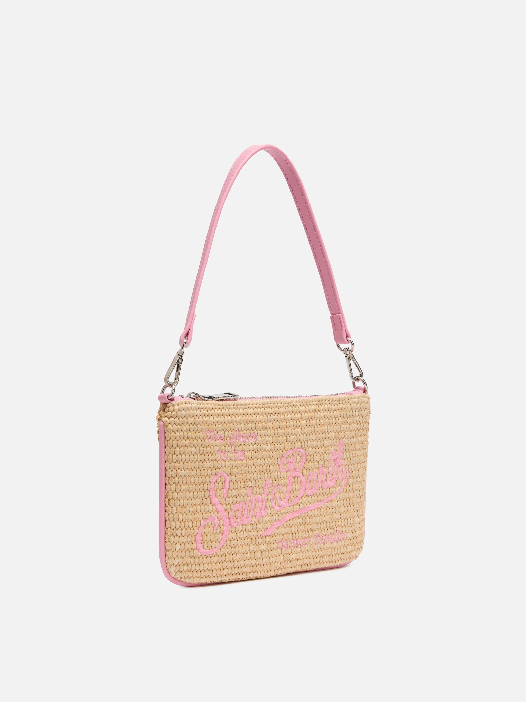 Pouch Mini Parisienne effetto paglia con logo ricamato rosa