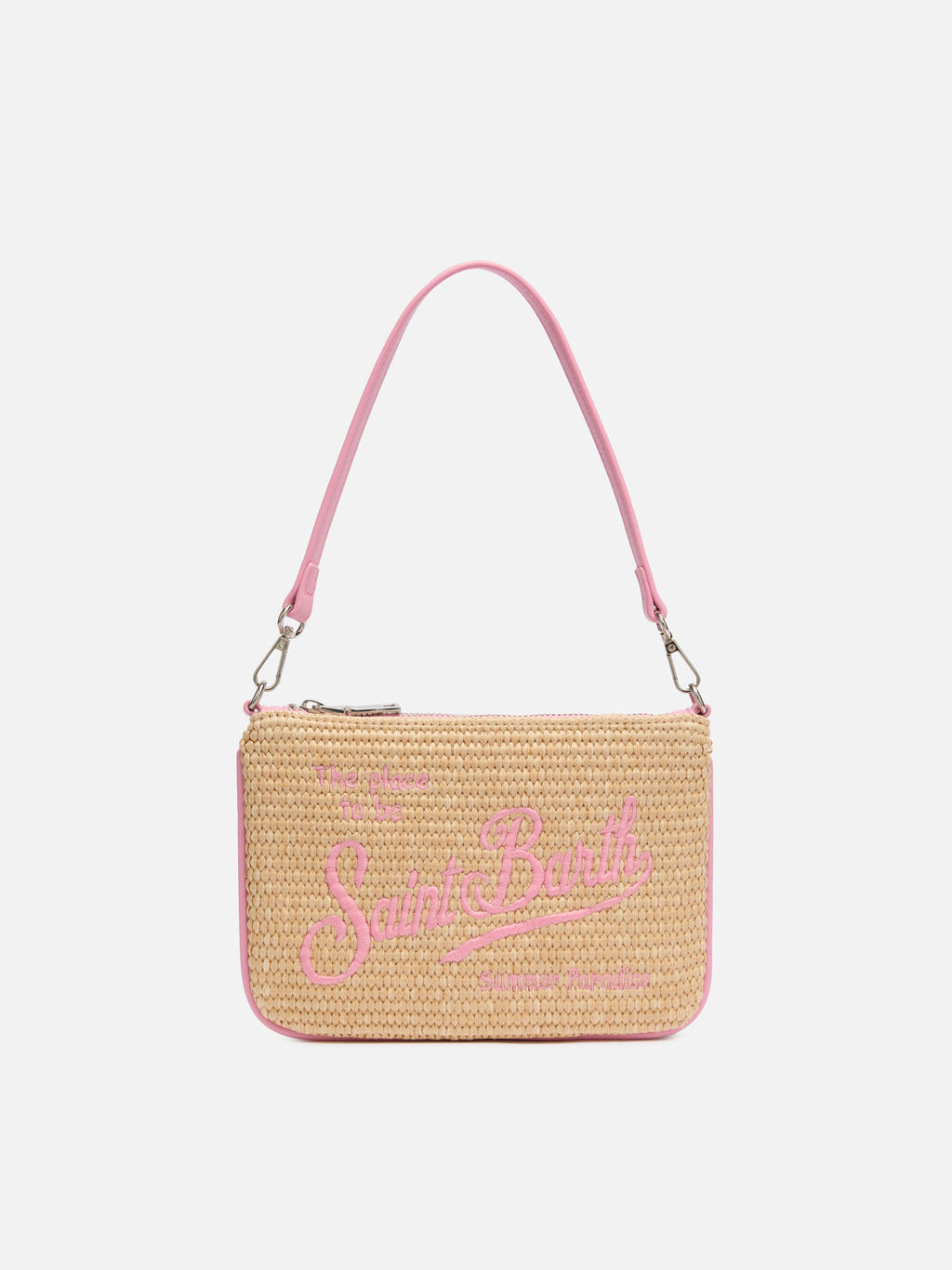 Pouch Mini Parisienne effetto paglia con logo ricamato rosa