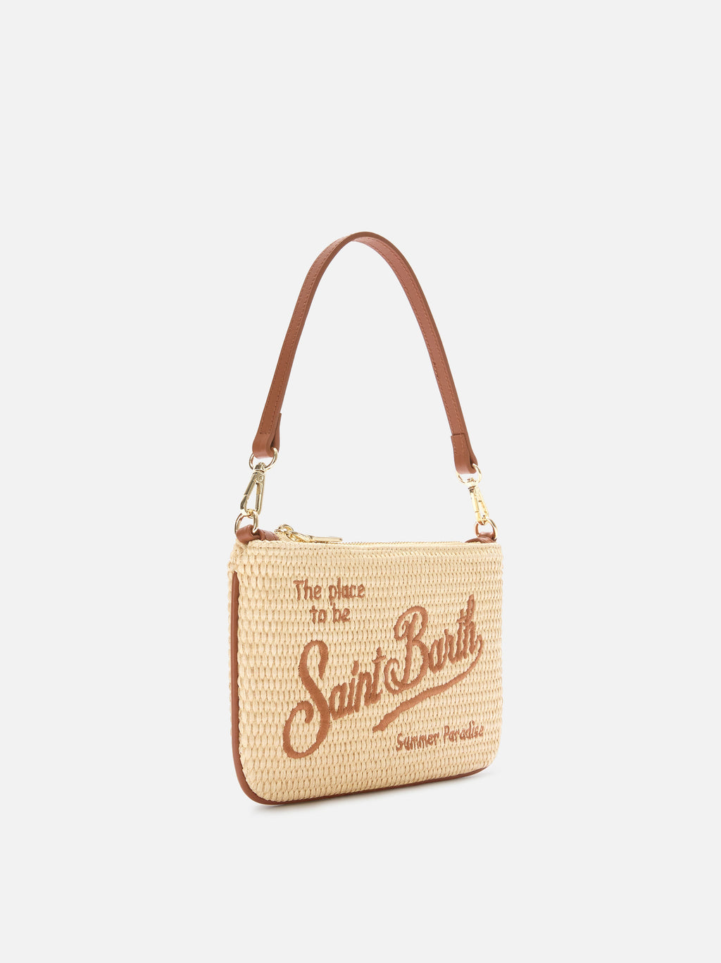 Pouch Mini Parisienne effetto paglia con logo ricamato marrone