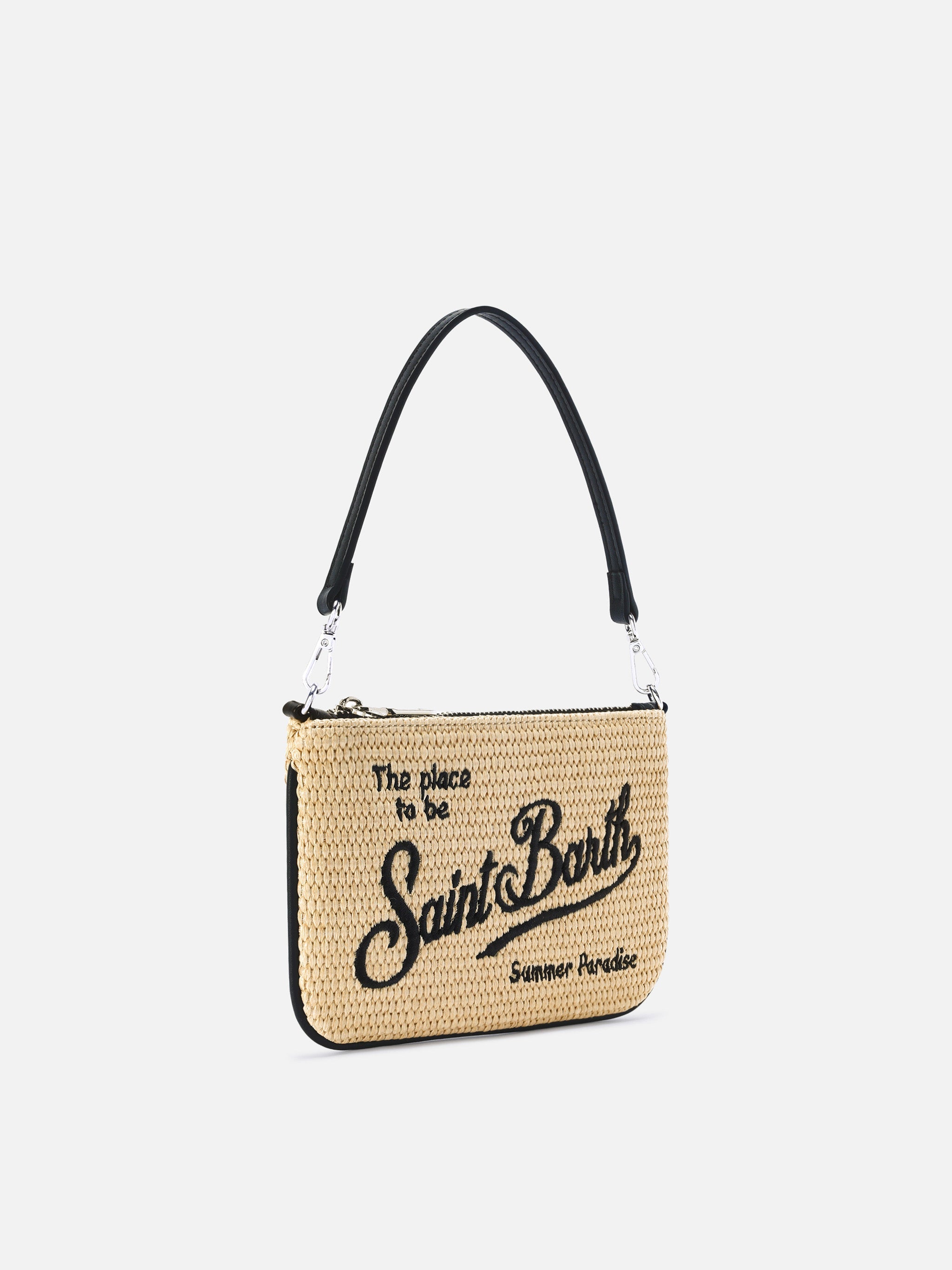 Pouch Mini Parisienne effetto paglia con logo ricamato nero