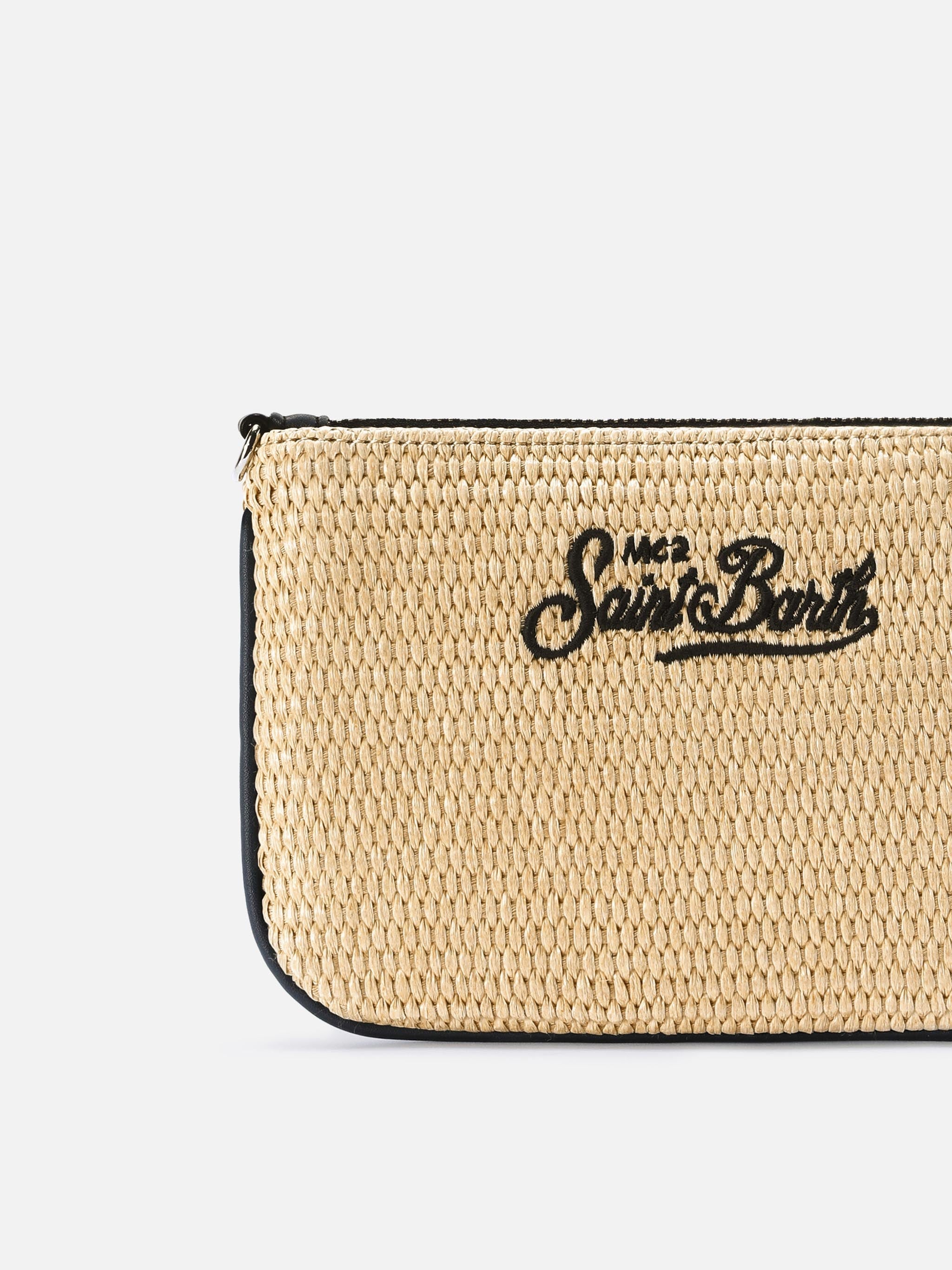 Pouch Mini Parisienne effetto paglia con logo ricamato nero