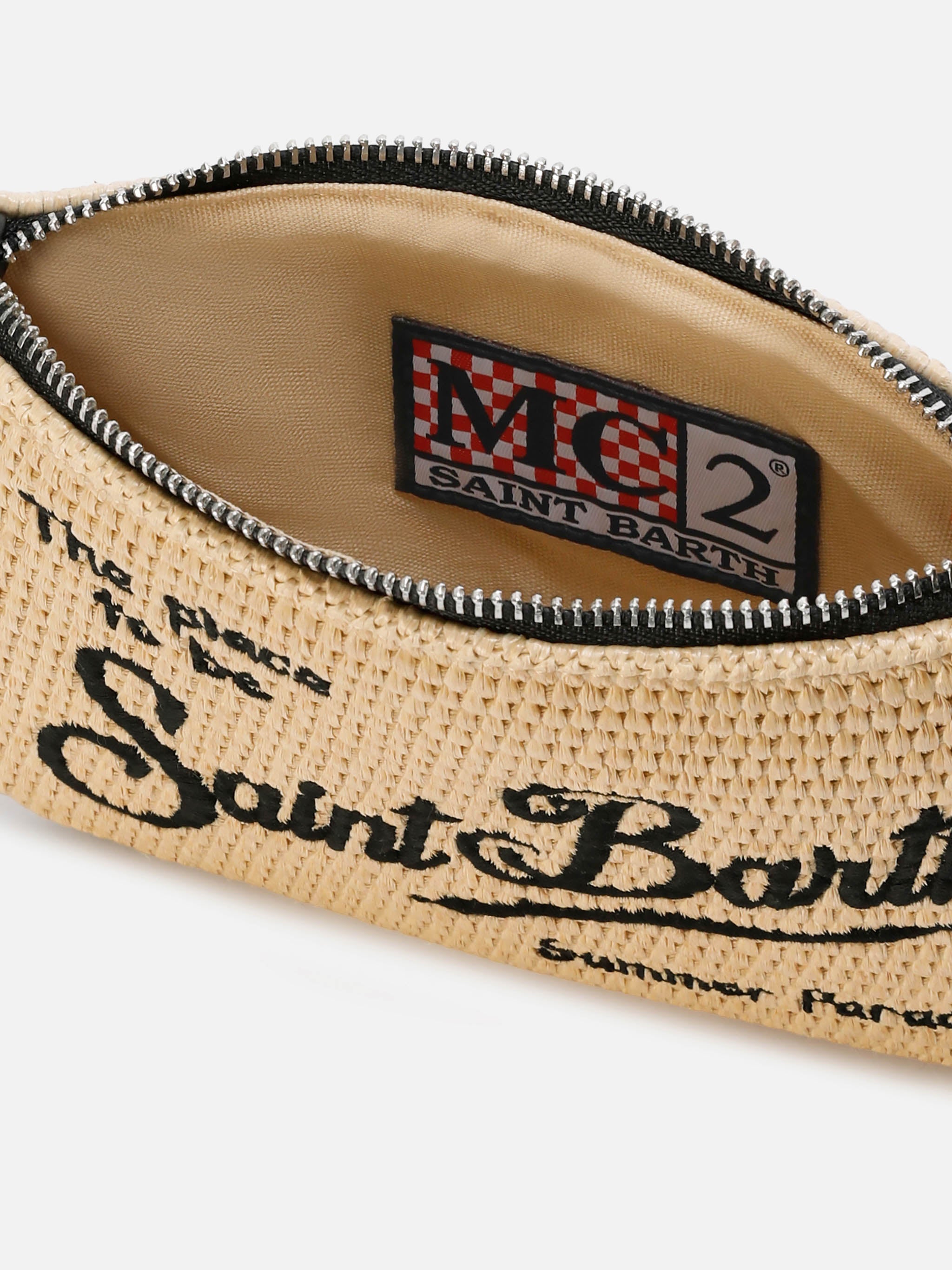 Pouch Mini Parisienne effetto paglia con logo ricamato nero