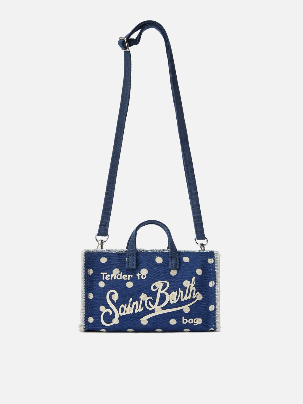 Borsa Phone micro in canvas blu a pois con logo a contrasto