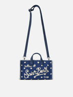 Borsa Phone micro in canvas blu a pois con logo a contrasto