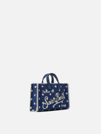 Borsa Phone micro in canvas blu a pois con logo a contrasto