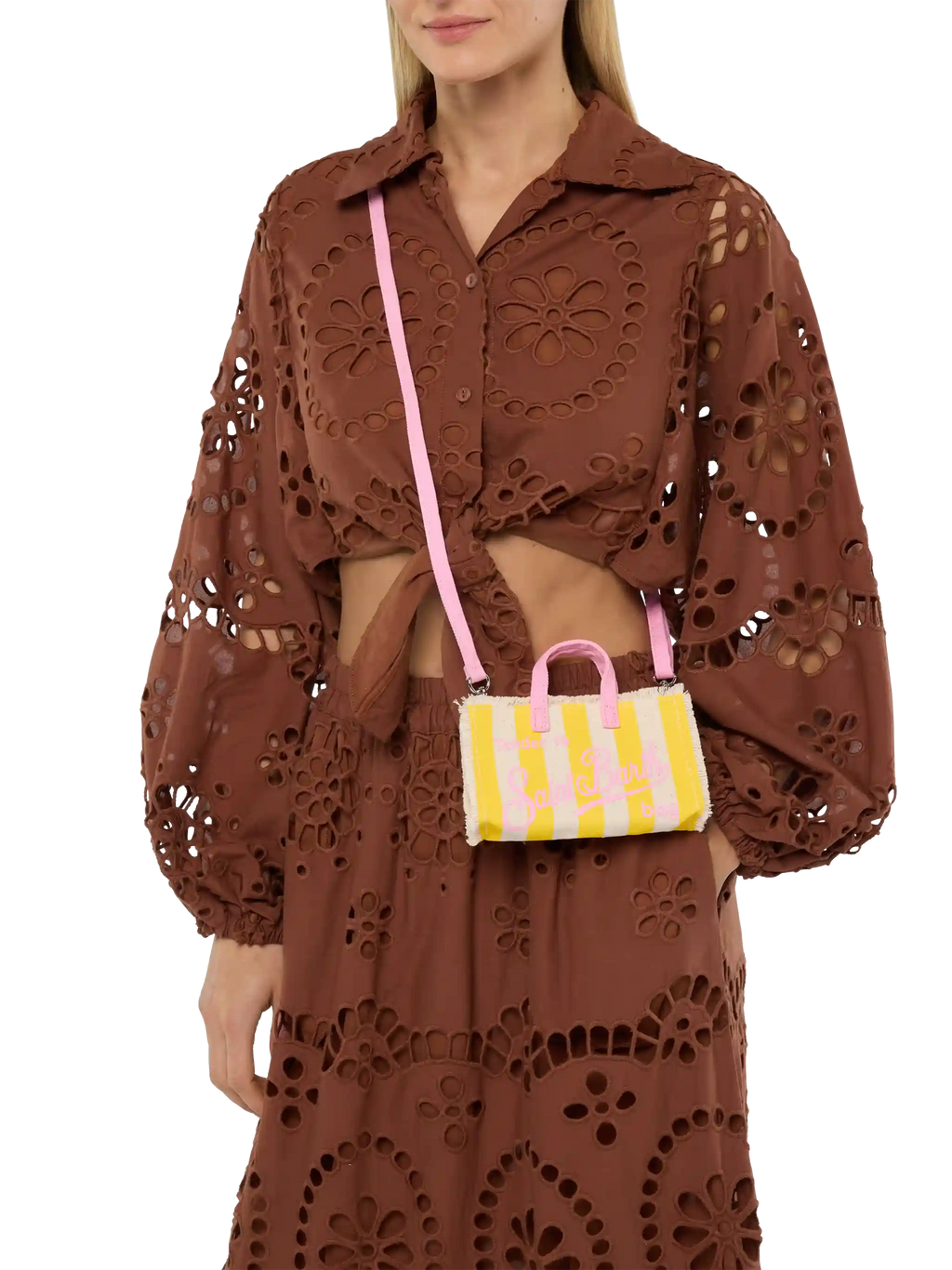 Phone Bag in canvas di cotone con stampa a righe gialle
