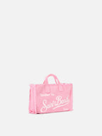 Borsa Phone micro in lino rosa tinta unita con logo a contrasto