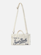 Borsa Phone micro in lino bianco tinta unita con logo a contrasto