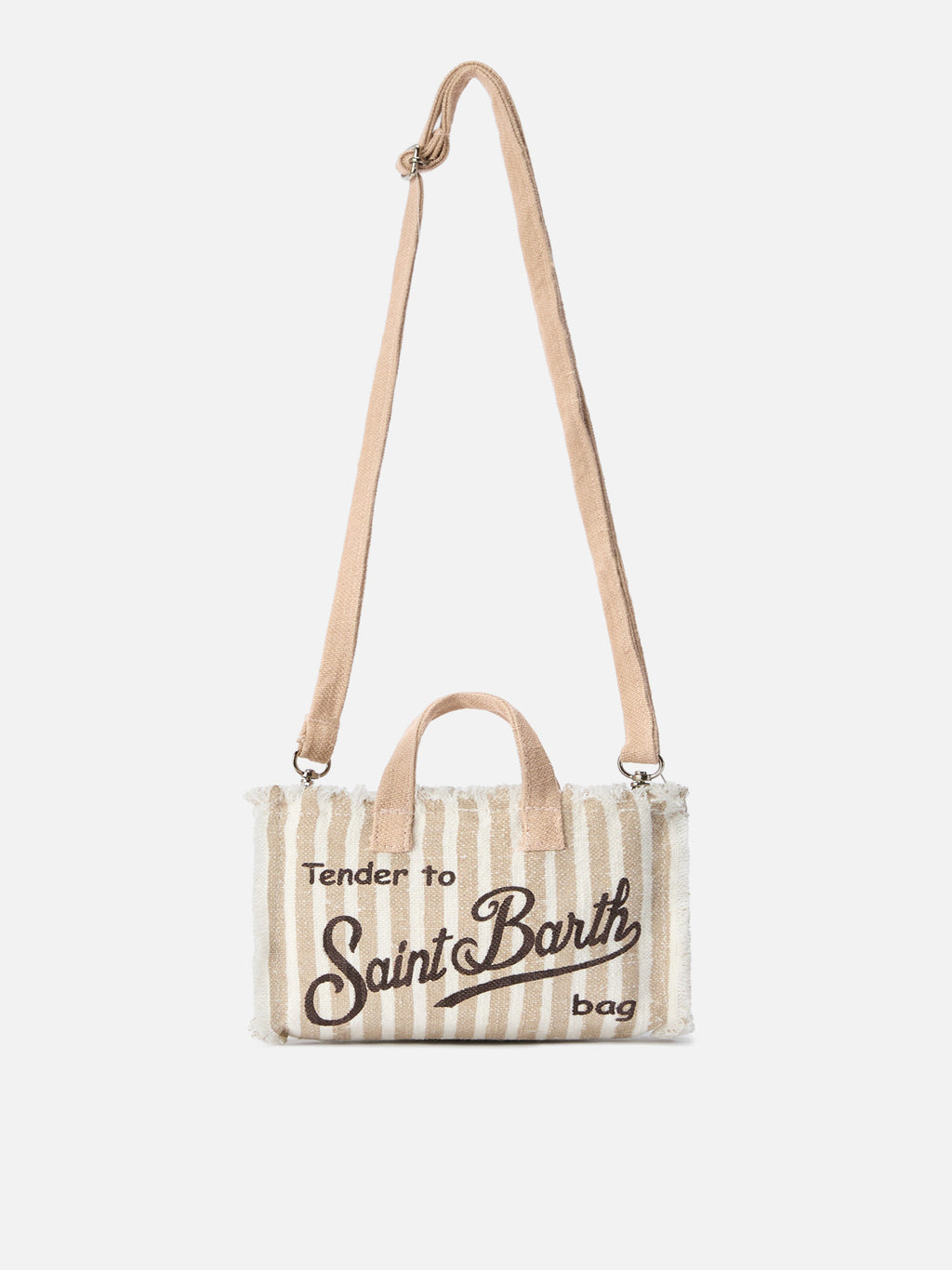 Borsa Phone micro in lino a righe beige e bianche con logo a contrasto