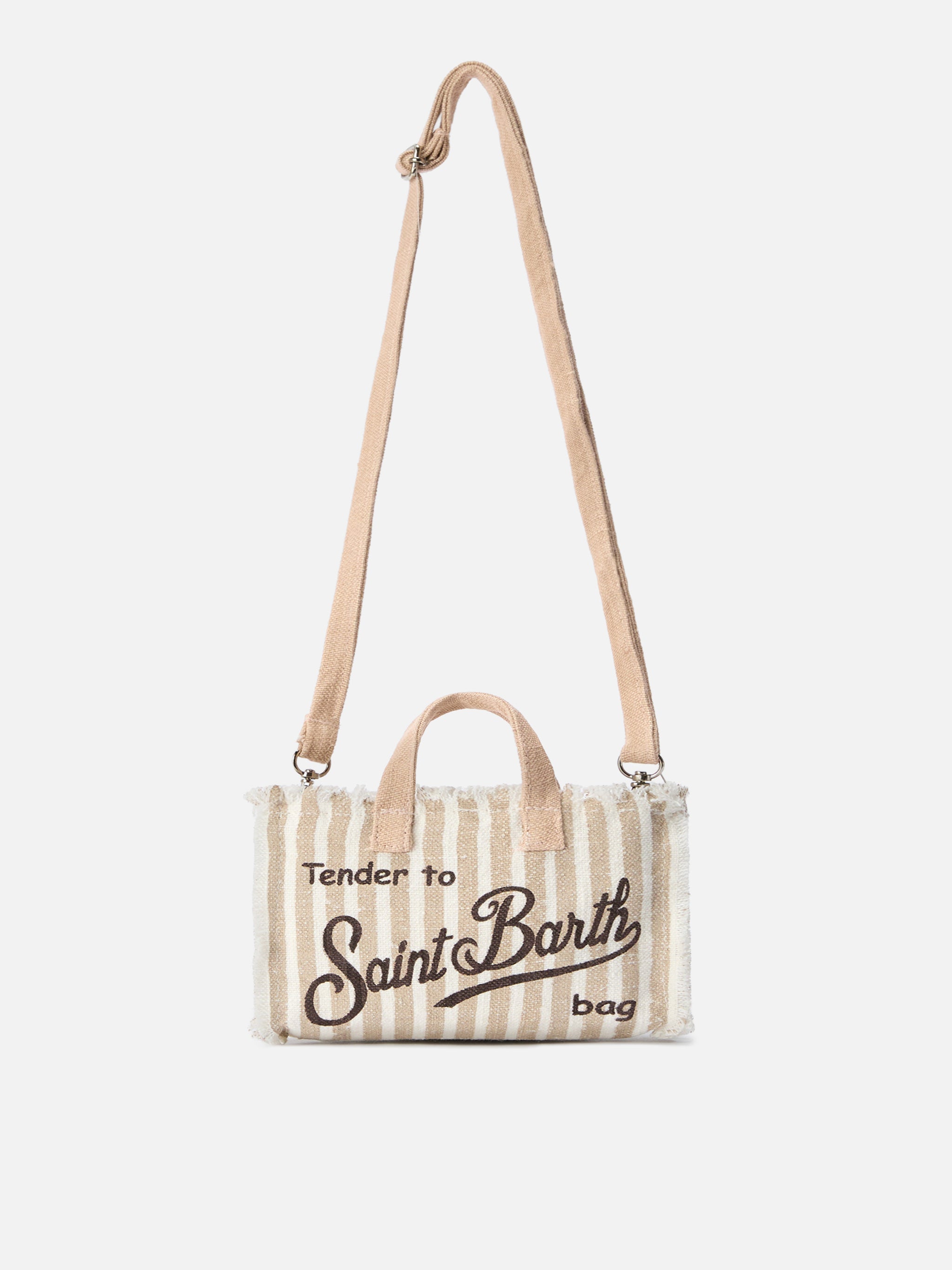 Borsa Phone micro in lino a righe beige e bianche con logo a contrasto