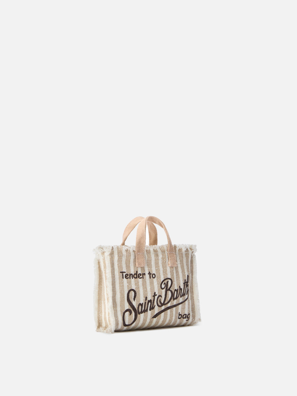 Borsa Phone micro in lino a righe beige e bianche con logo a contrasto