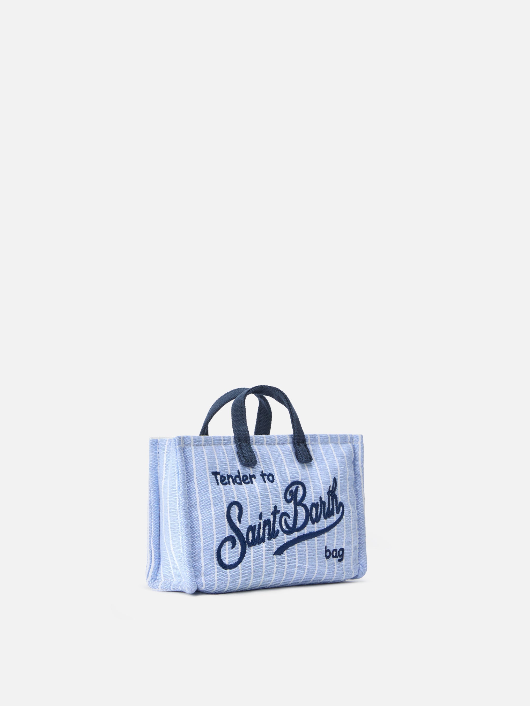 Borsa Phone micro in canvas a righe bianche e azzurre con logo a contrasto