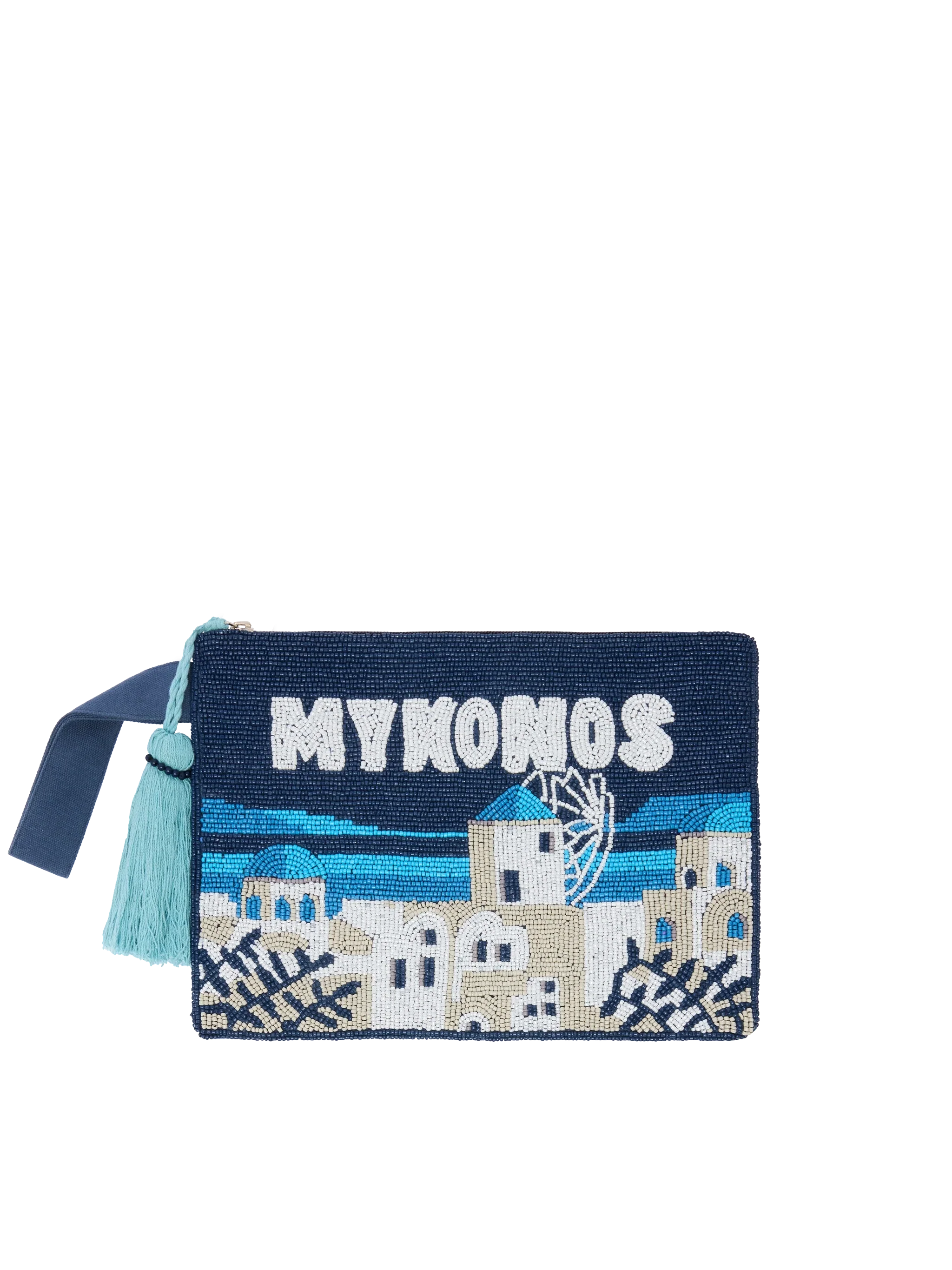 Pearl Pouch con design cartolina Mykonos  in perline