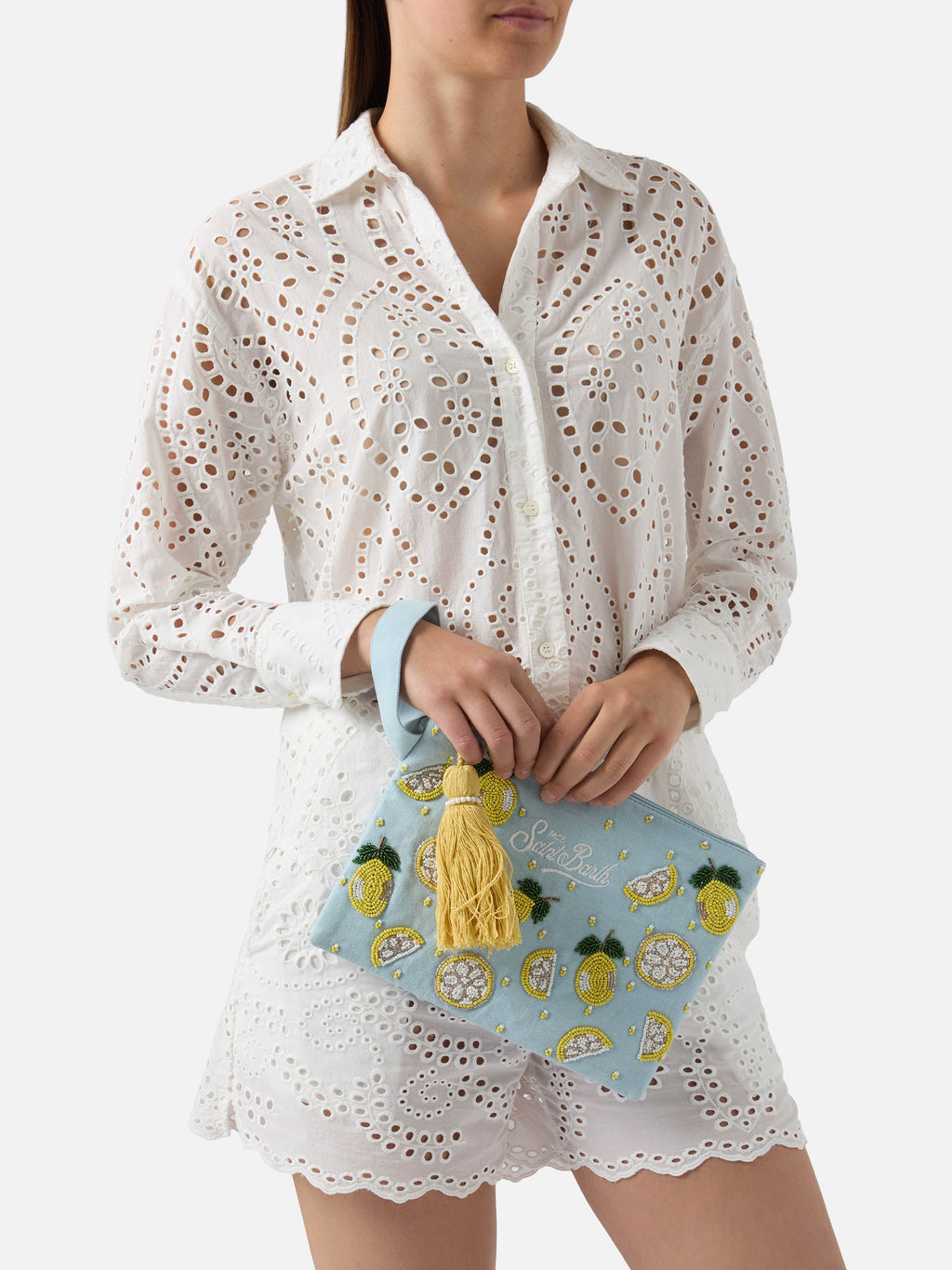 Pouch Pearl azzurra con limoni in perline