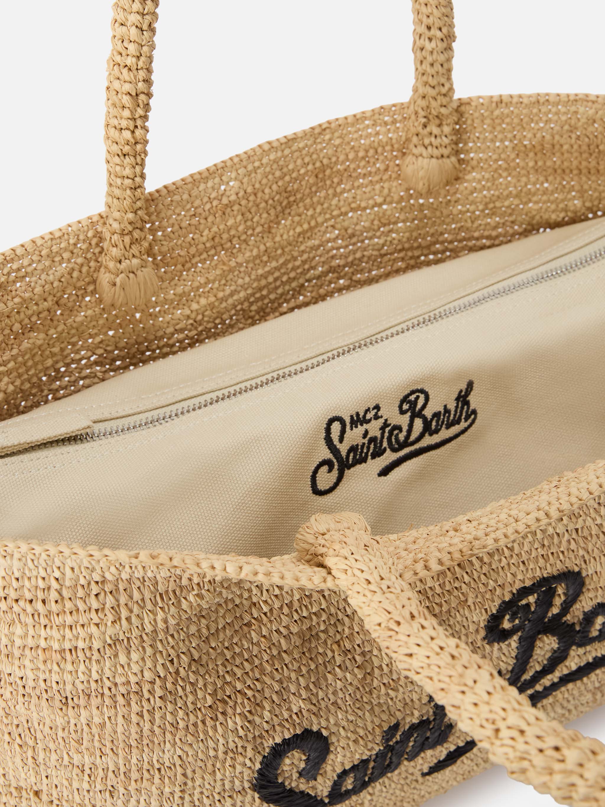 Borsa Beach in raffia con logo ricamato a contrasto nero