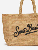 Borsa Beach in raffia con logo ricamato a contrasto nero