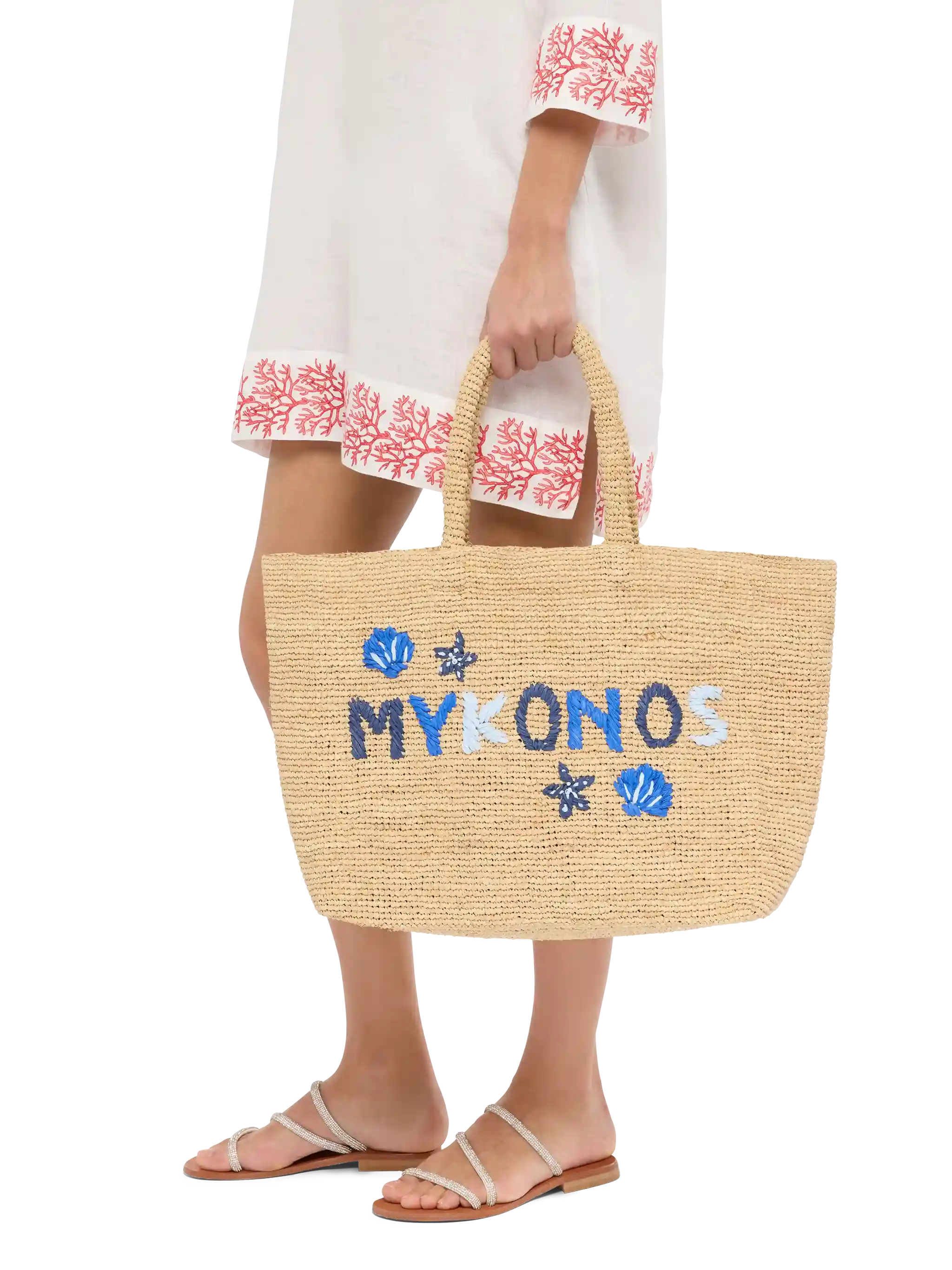 Rafia Beach Bag beige con pochette interna in cotone e ricamo Mykonos