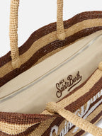 Borsa Beach in raffia a righe marroni con logo ricamato
