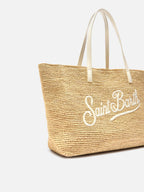 Borsa City in raffia con logo avorio ricamato a contrasto