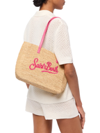 Rafia City Mid Bag beige con logo Saint Barth ricamato