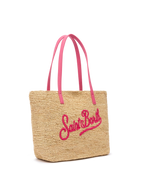 Rafia City Mid Bag beige con logo Saint Barth ricamato