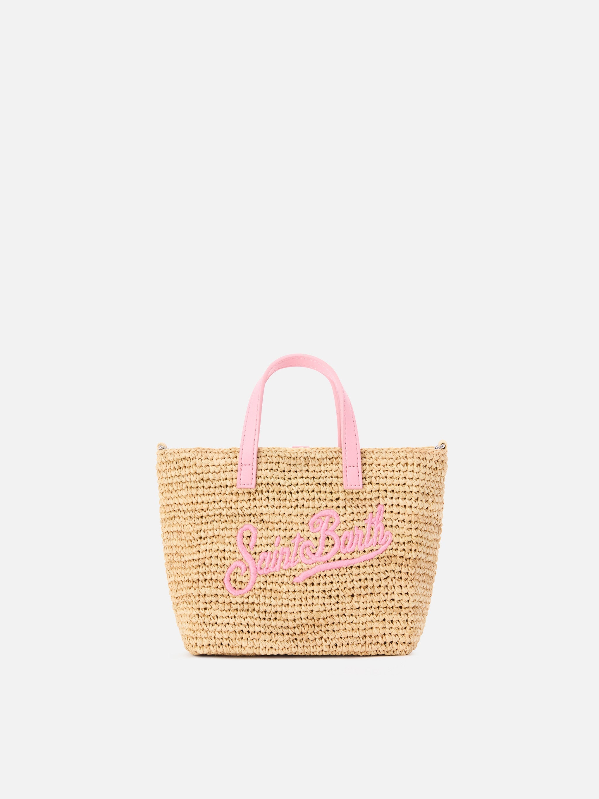 Borsa City mini in raffia con logo rosa ricamato a contrasto