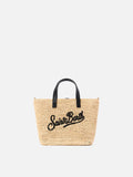 Borsa City mini in raffia con logo nero ricamato a contrasto