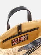 Borsa City mini in raffia con logo nero ricamato a contrasto