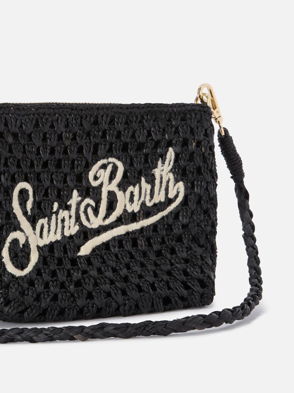 Pouch in rafia intrecciata nera con logo ricamato