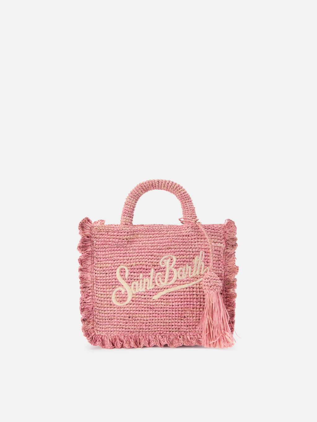 Borsa Volant Mini in raffia rosa con logo ricamato